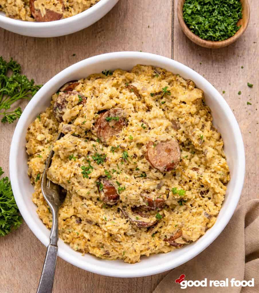 Cajun Sausage and Rice in a bowl.