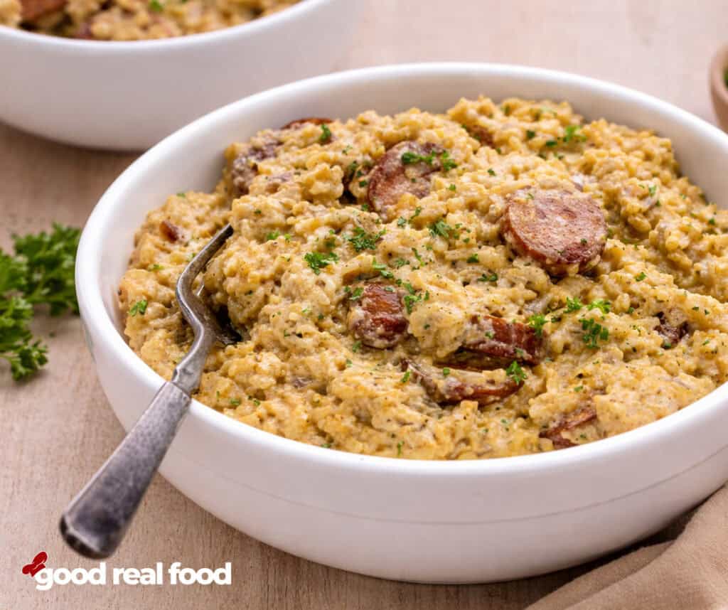 Cajun Sausage and Rice in a bowl.