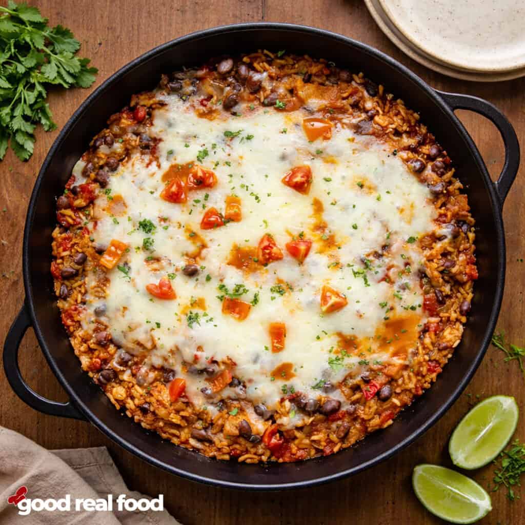 A pan of Cheesy Taco Chicken and Rice