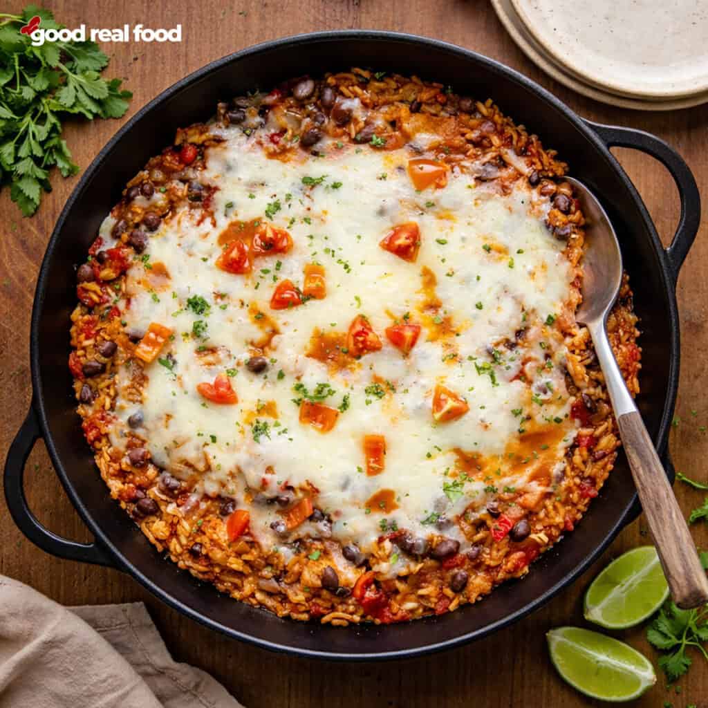Cheesy Taco Chicken and Rice with a serving spoon.
