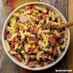 Cowboy Caviar Pasta in a white bowl.