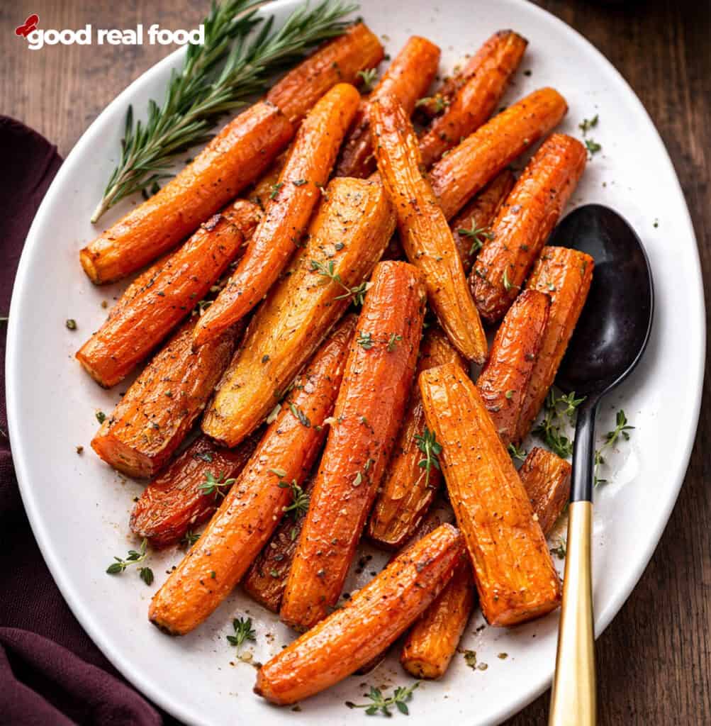 Air Fryer Rosemary Carrots on a white platter.