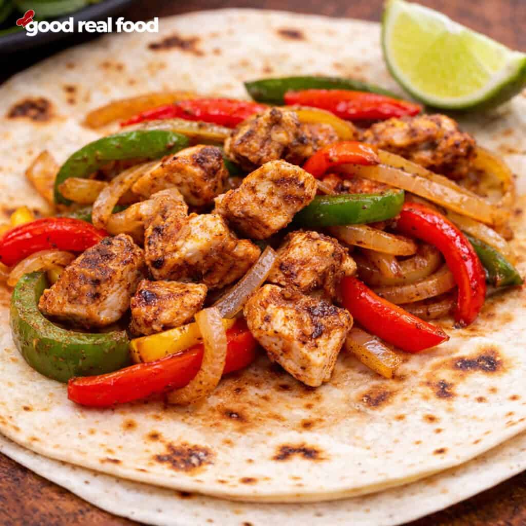 sheet pan chicken fajitas on a tortilla.
