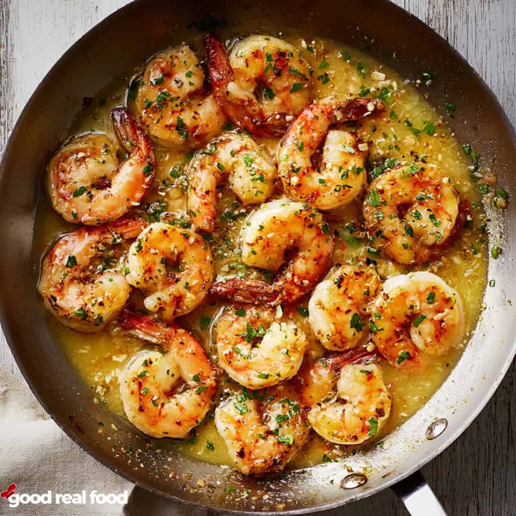 A pan of shrimp scampi