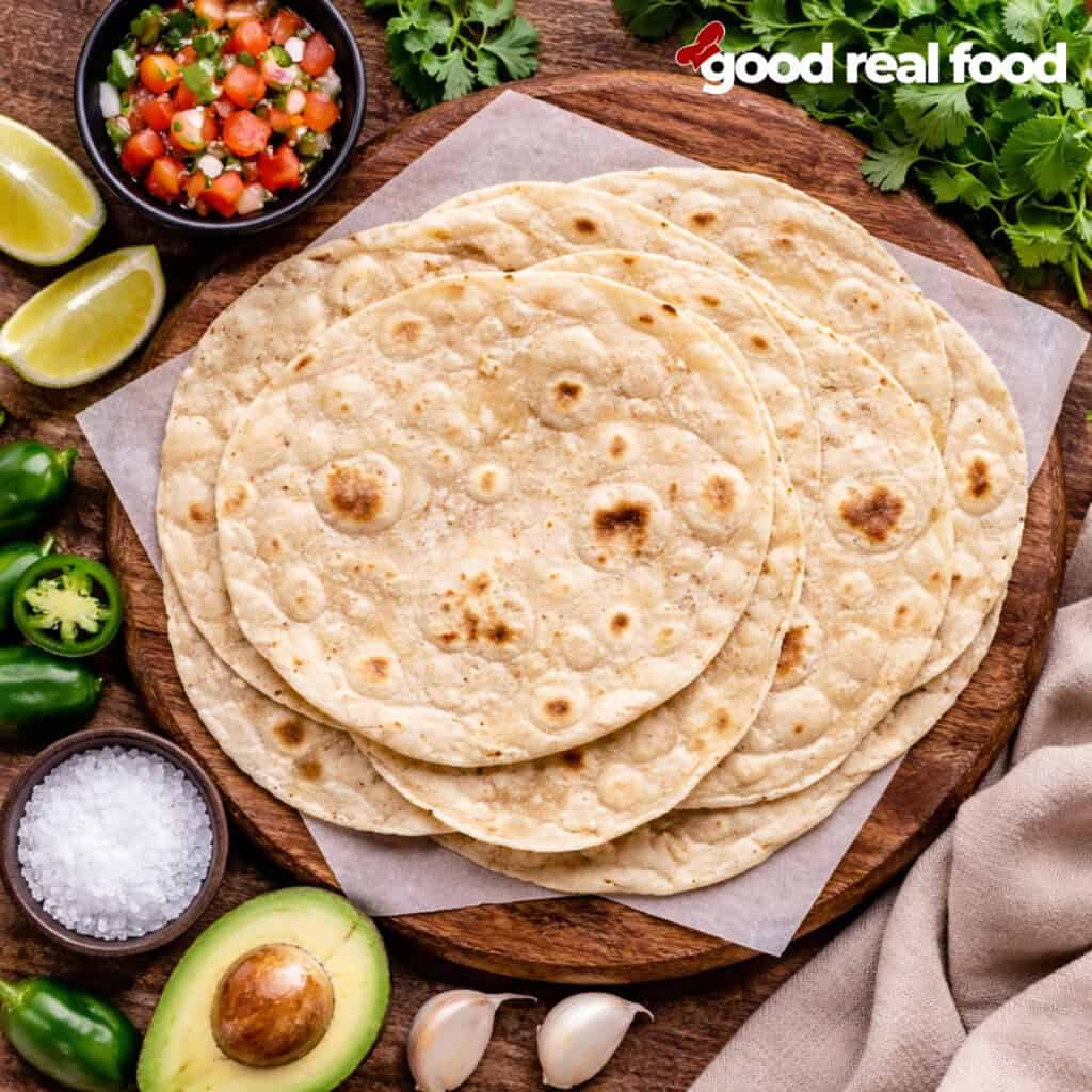 a stack of homemade tortillas.