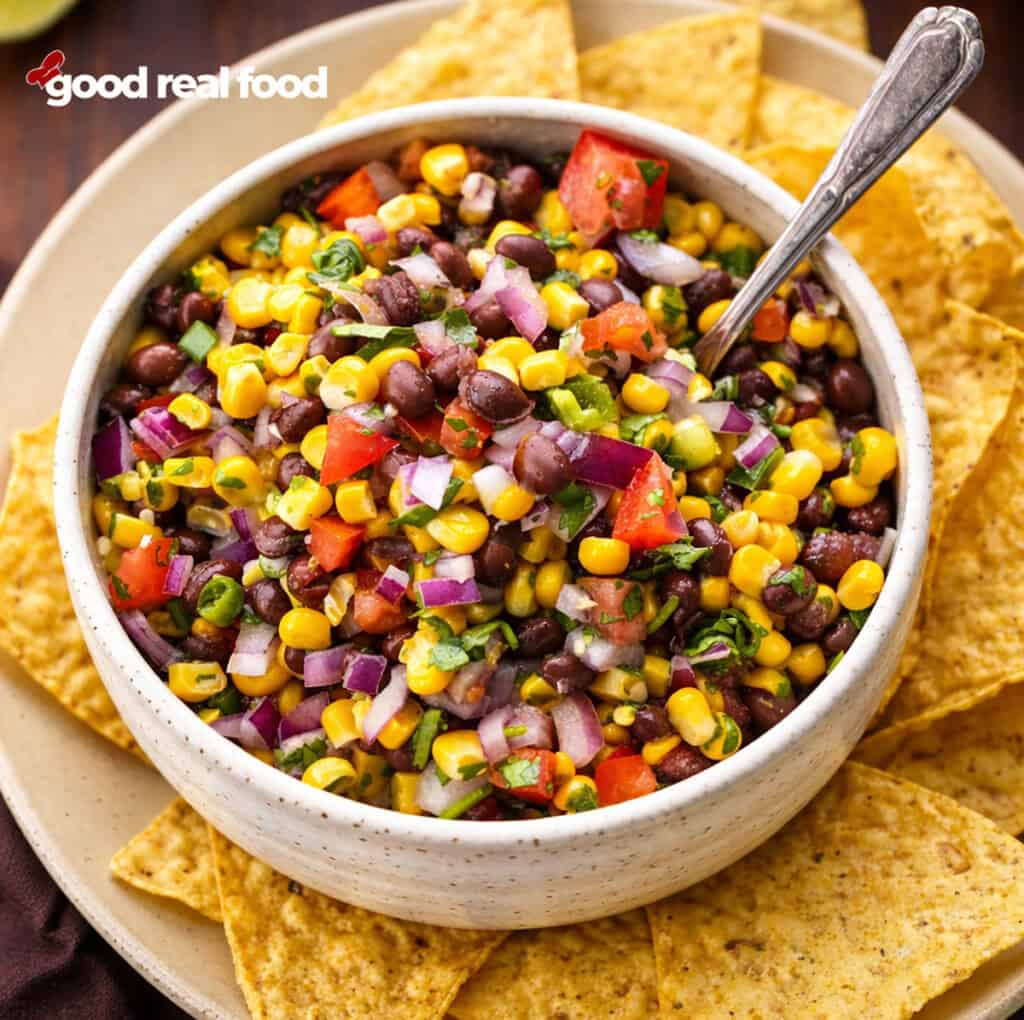 Black Bean and Corn Salsa with tortilla chips.