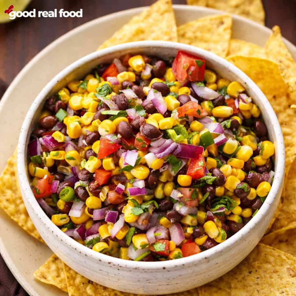 Black Bean and Corn Salsa with tortilla chips.