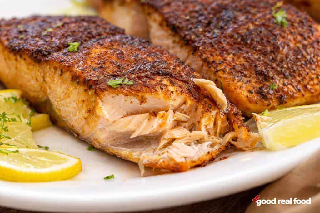 CLose up image of blackened salmon.