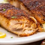 CLose up image of blackened salmon.