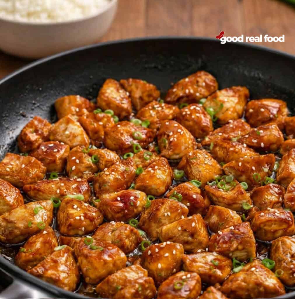 A pan of bourbon chicken