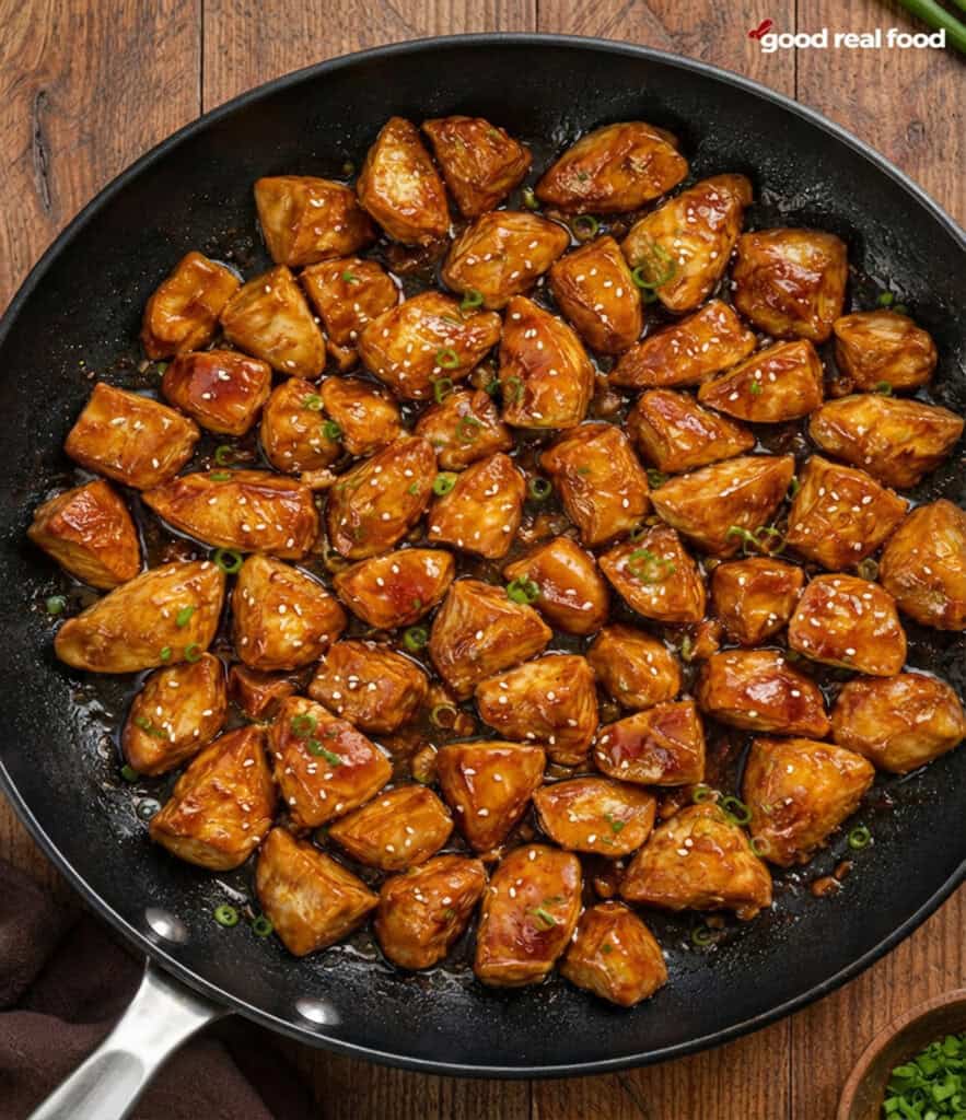 A pan of bourbon chicken