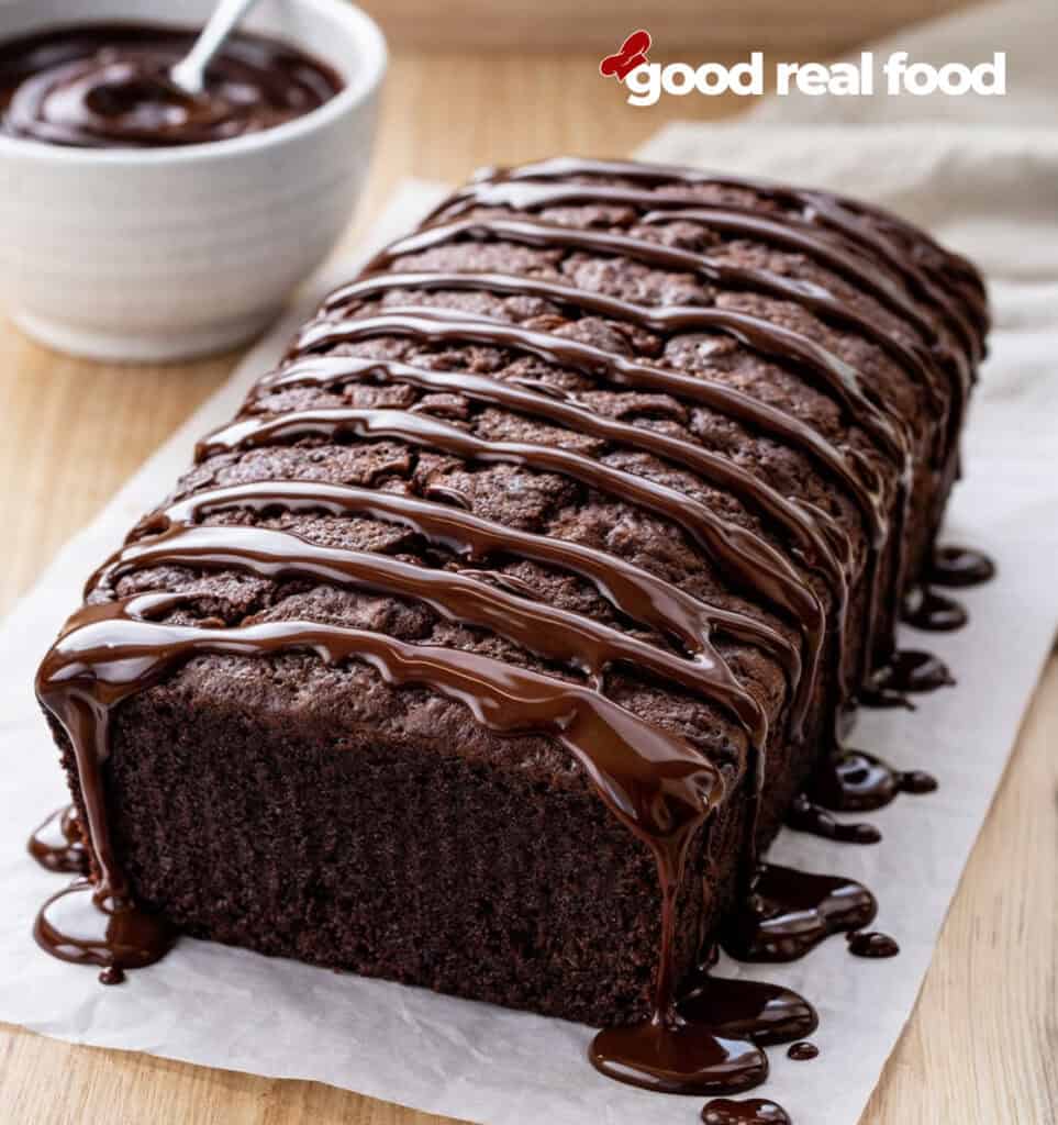 A loaf of brownie bread drizzled with chocolate.