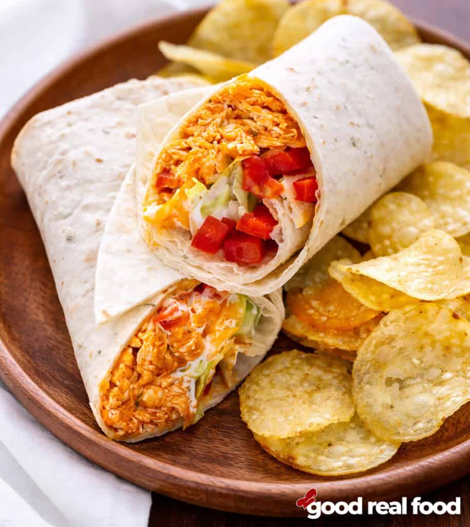 A buffalo chicken wrap on a plate.