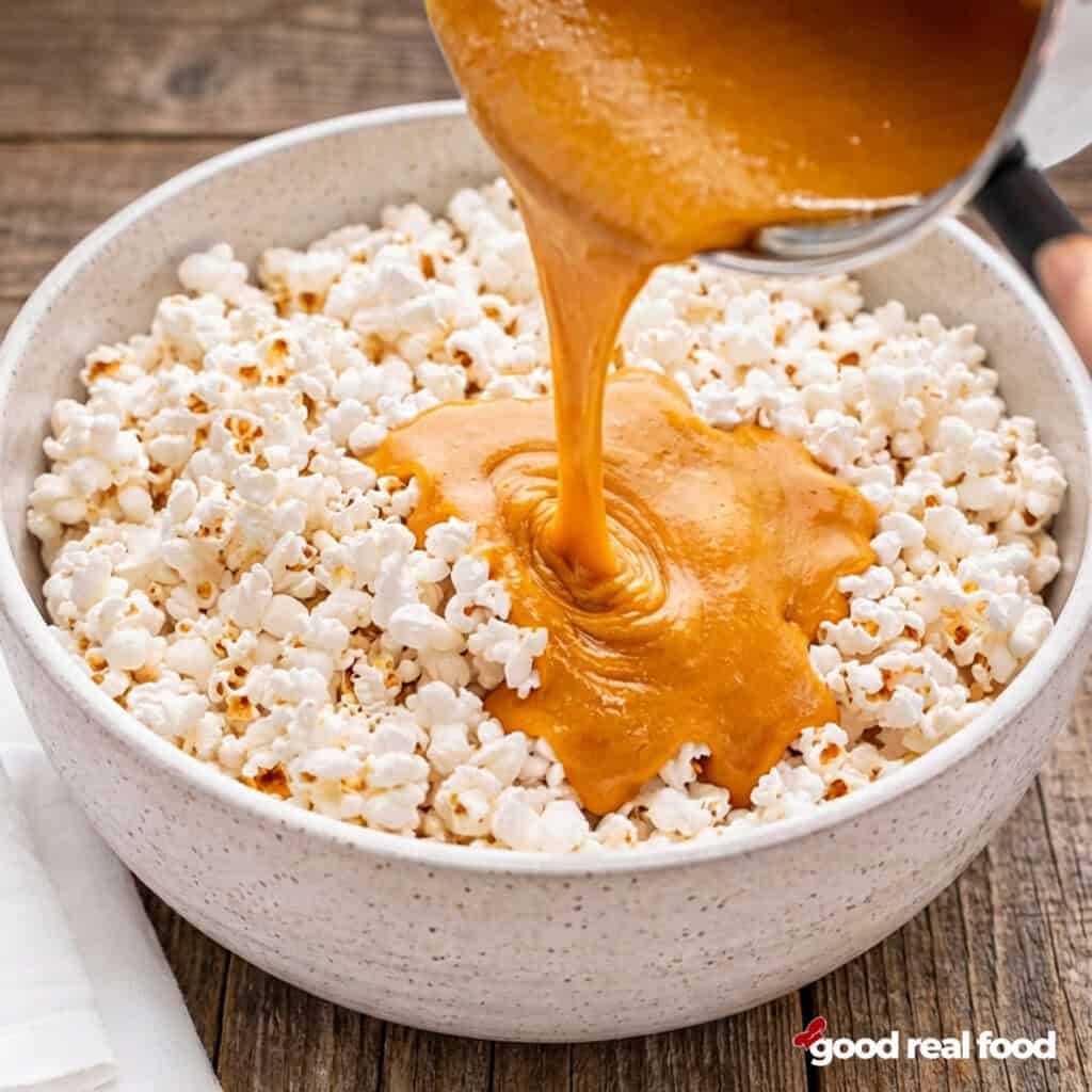 A bowl of popcorn with caramel drizzling over the top.
