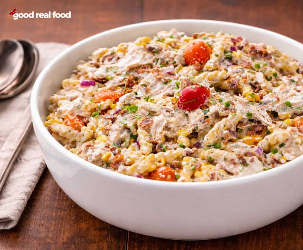 A bowl of chicken bacon ranch pasta salad.