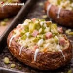 Ham and Pickle Twice Baked Potato on a sheet pan.