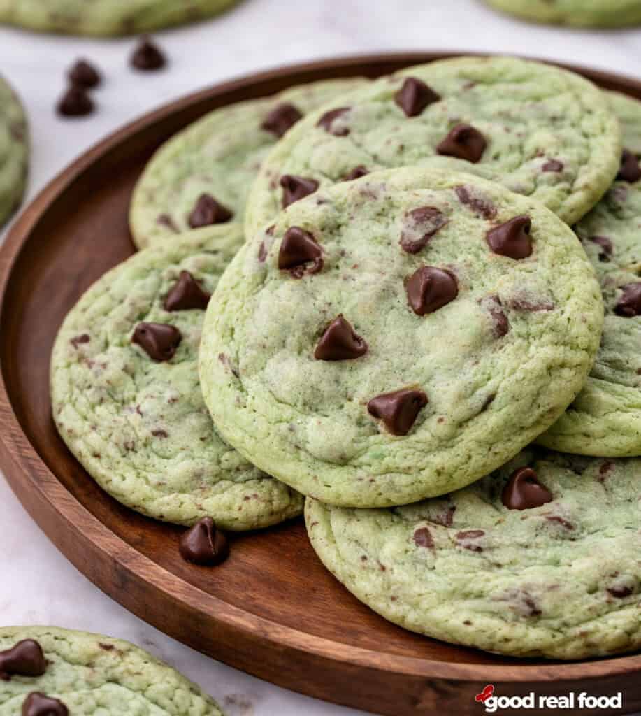 A plate of mint chocolate chip cookies.