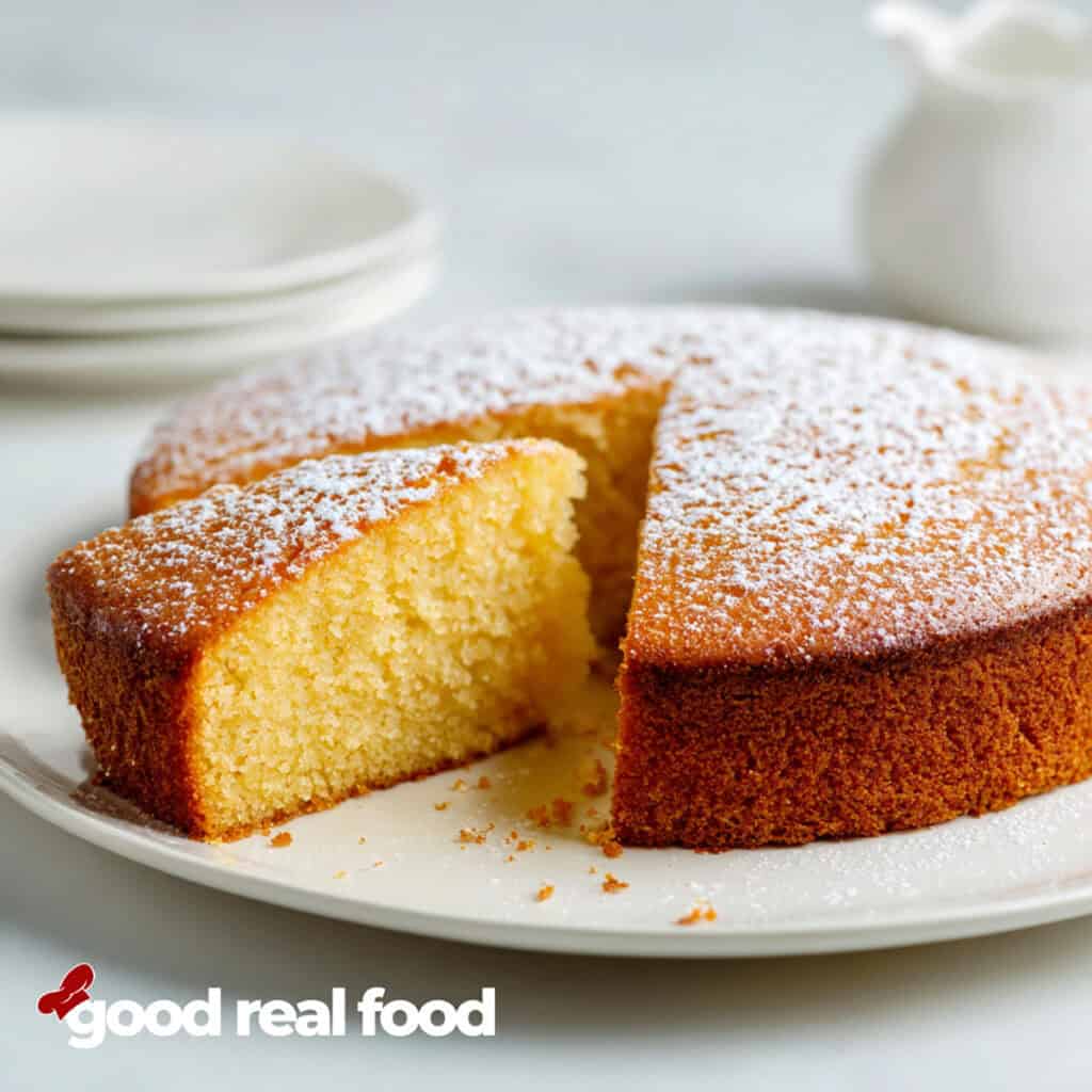olive oil cake with a slice being removed.