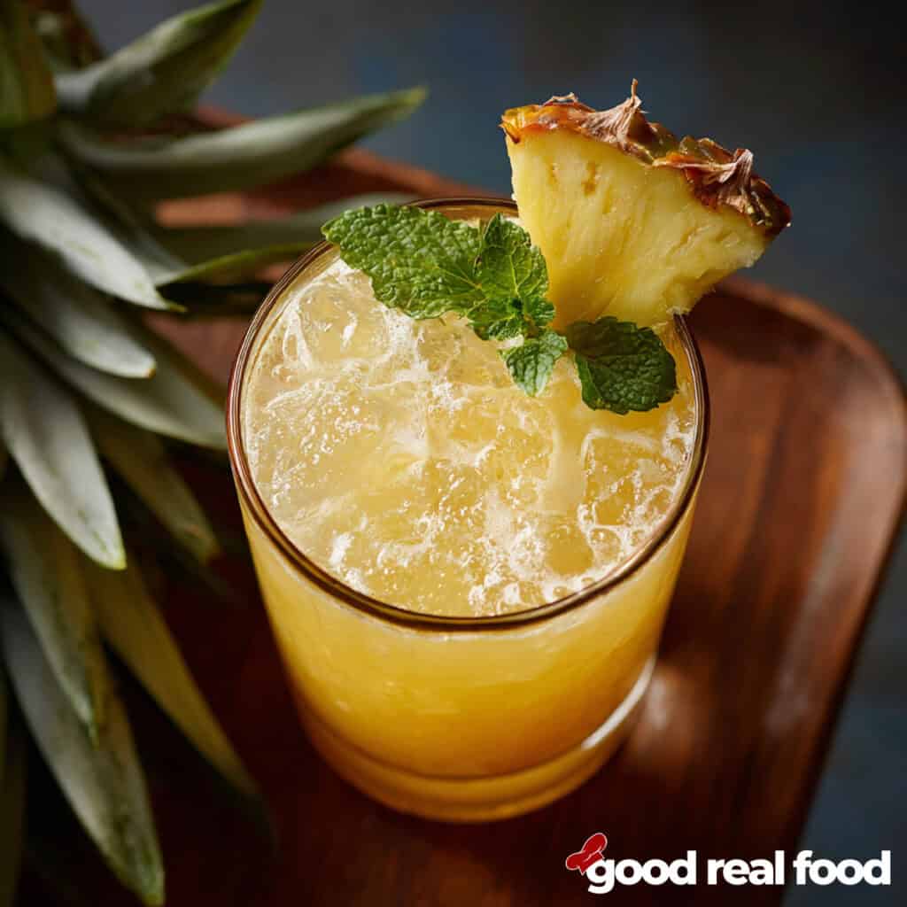 A glass of pineapple bourbon punch topped with mint.