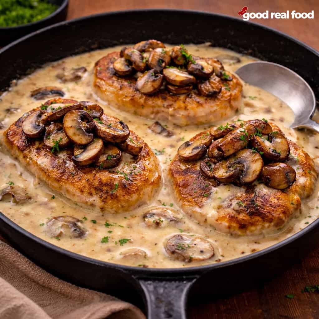 A skillet filled with creamy ranch and mushroom pork cops.