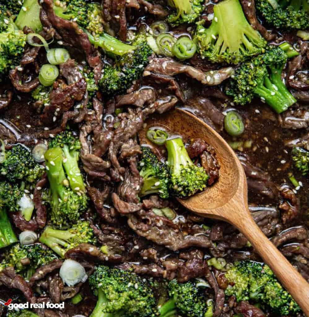 A close up image of beef and broccoli