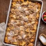 Overnight French Toast in a metal pan.