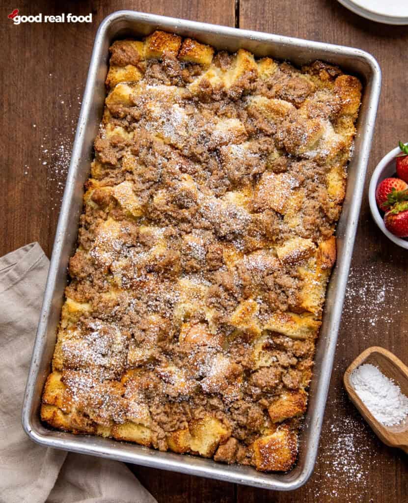 Overnight French Toast in a metal pan.