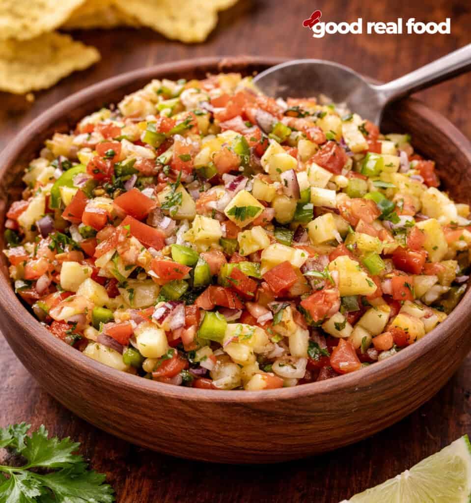 A wooden bowl filled with pineapple salsa.