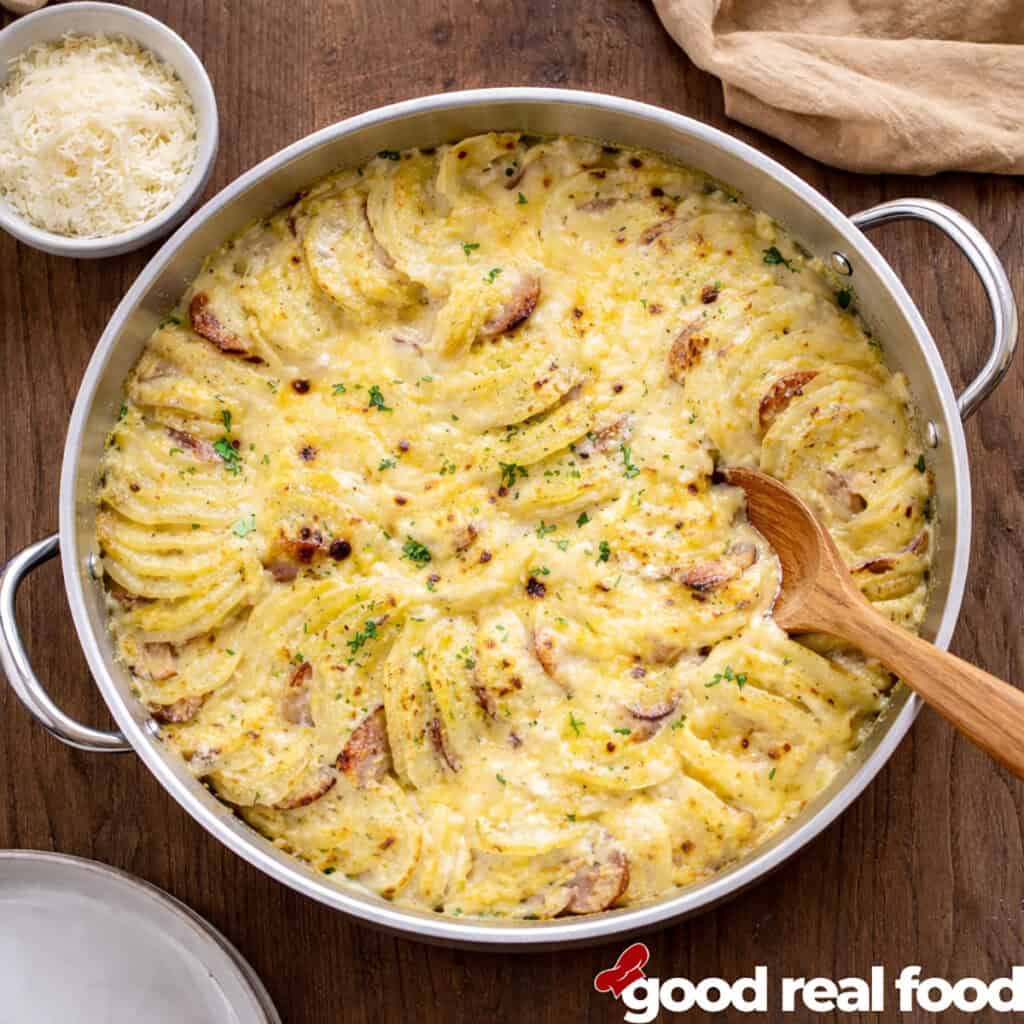 A pan of Au Gratin Potatoes with Kielbasa.
