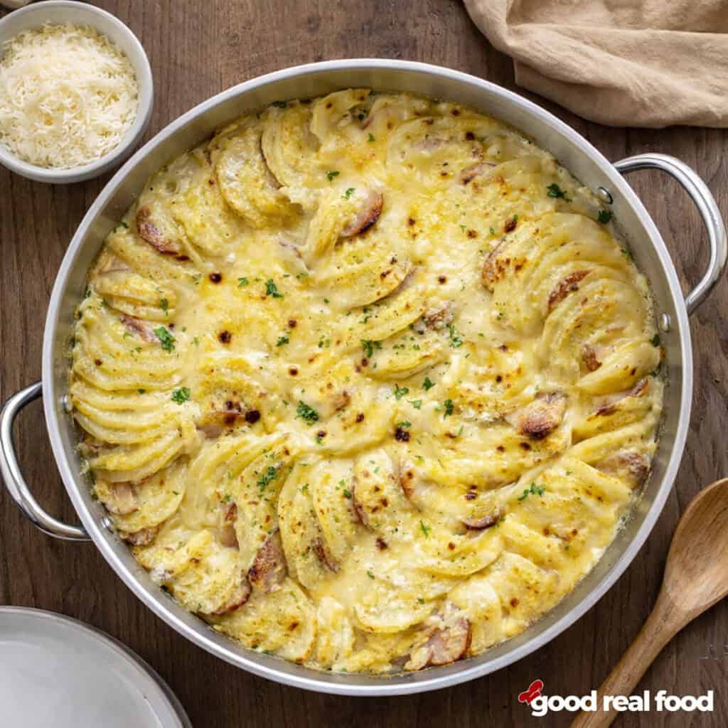 A pan of Cheesy Kielbasa Scalloped Potatoes.