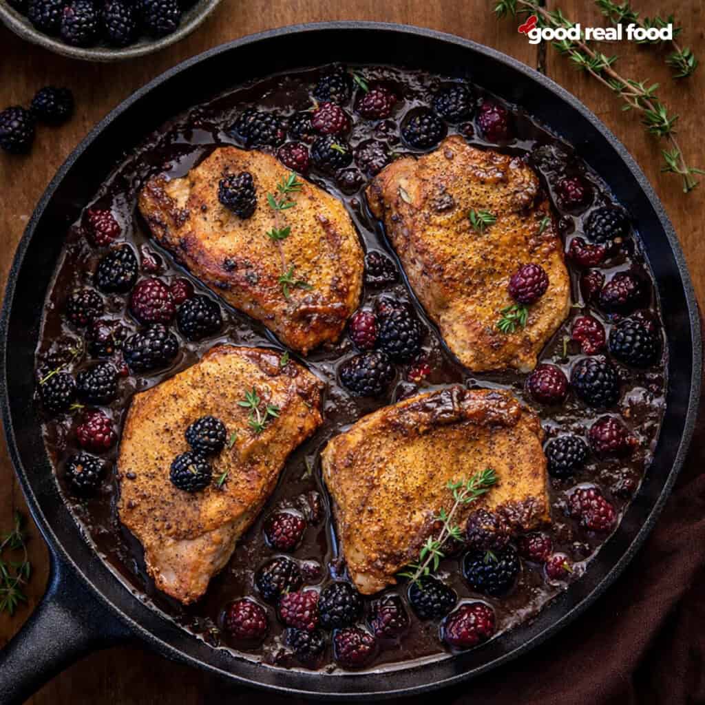 a skillet filled with bourbon blackberry pork chops.