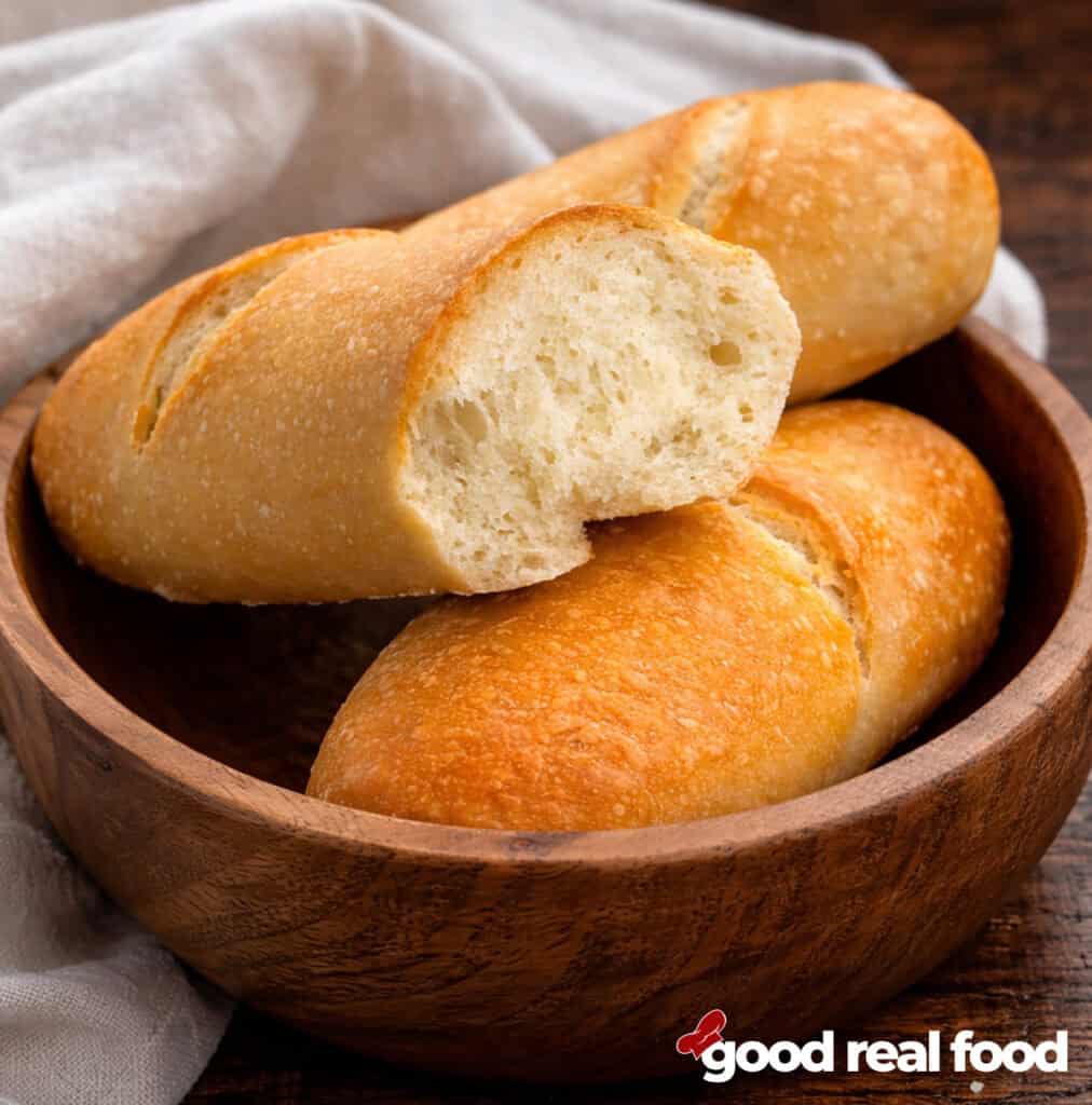 A broken french baguette, in a wooden bowl.
