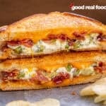 A stacked jalapeno popper grilled cheese sandwich.