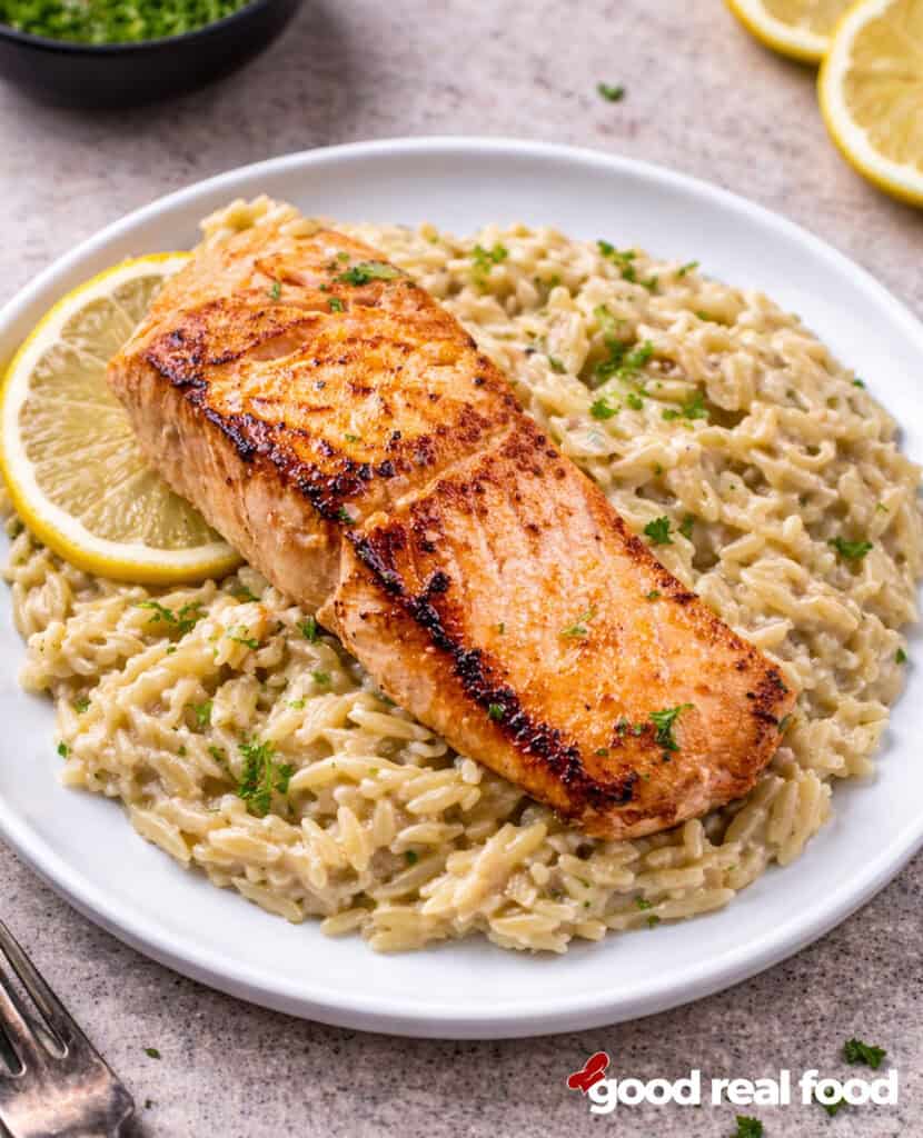 salmon and creamy lemon orzo on a plate.