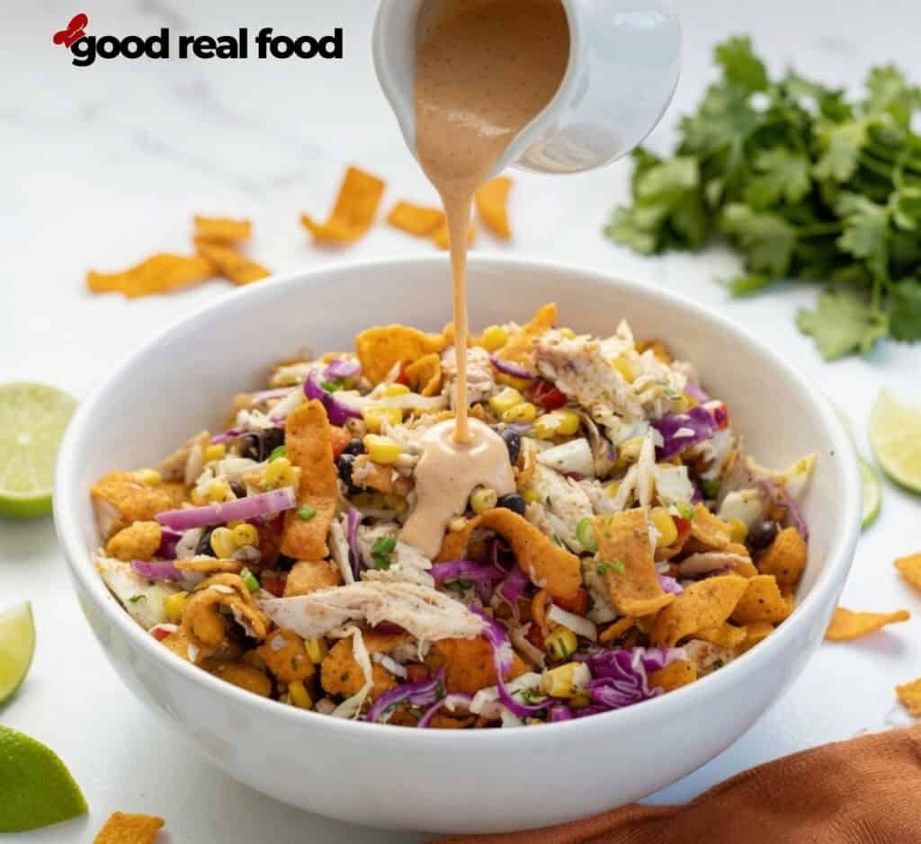 Drizzling homemade dressing over Chicken Cowboy Cabbage in a white bowl on a white table Drizzling homemade dressing over Chicken Cowboy Cabbage in a white bowl on a white table.