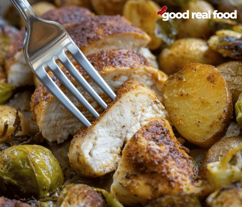 A close up of cut blackened chicken on a fork with potatoes A close up of cut blackened chicken on a fork with potatoes