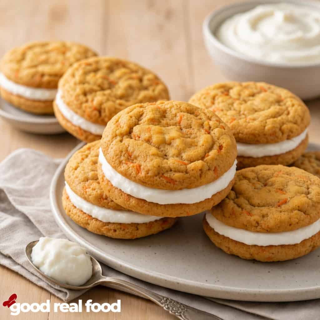 plate of soft carrot cake sandwich cookies on a counter a plate of soft carrot cake sandwich cookies on a cloth napkin next to a spoon with marshmallow filling