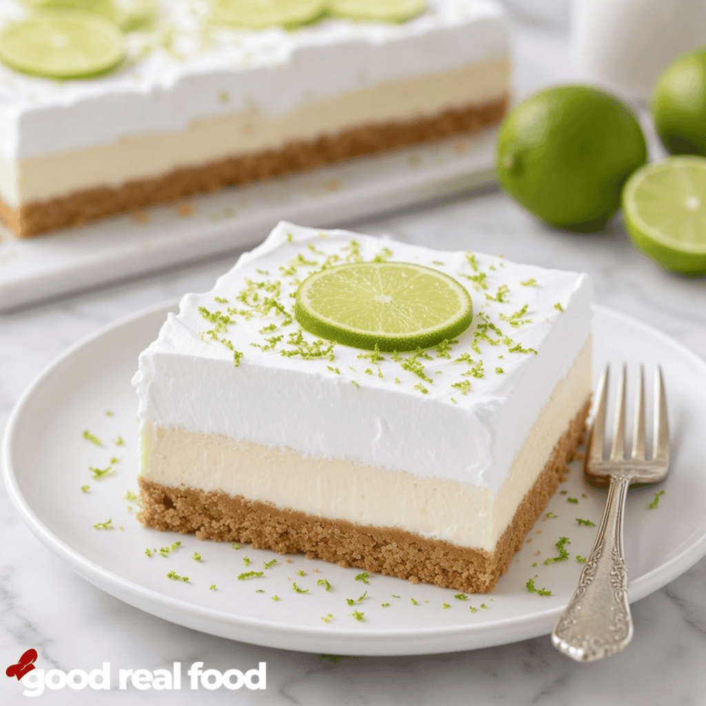 a slice of no-bake key lime pie bars on a plate A slice of no-bake key lime pie bars on a white plate with a silver fork on a marble counter with limes and key lime pie bars in the background.
