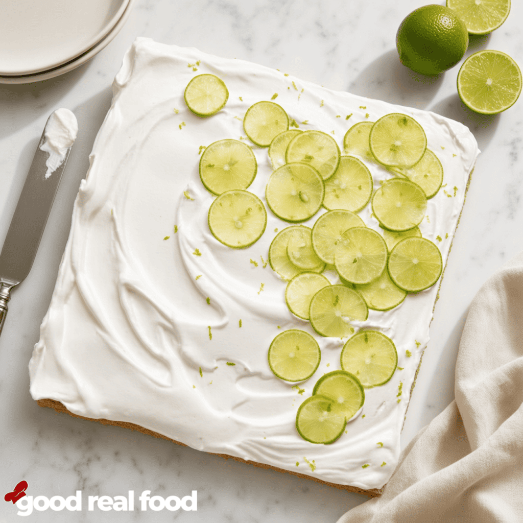 No-bake key lime pie bars on marble counter No-Bake Key Lime Pie Bars on a marble counter next to a cloth napkin, a knife, a few limes, and a couple stacked plates.