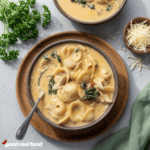 A wooden bowl of creamy marry me chicken soup on a wood plate on a stone counter