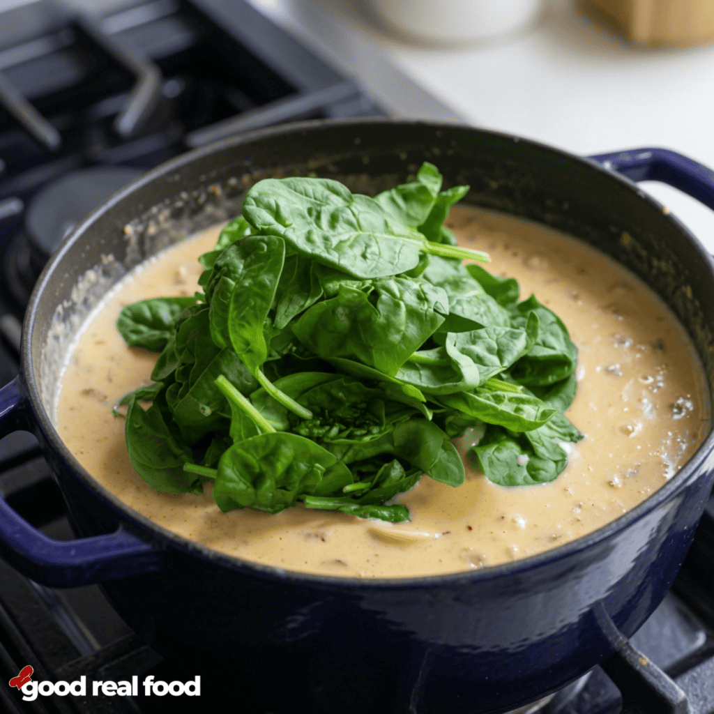 Creamy marry me chicken soup with spinach on top Creamy marry me chicken soup on a stove in a blue dutch oven with fresh spinach on top