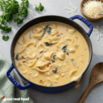 Creamy Marry Me Chicken Soup in a Blue dutch oven on a stone counter next to a towel, a spoon, and some cheese