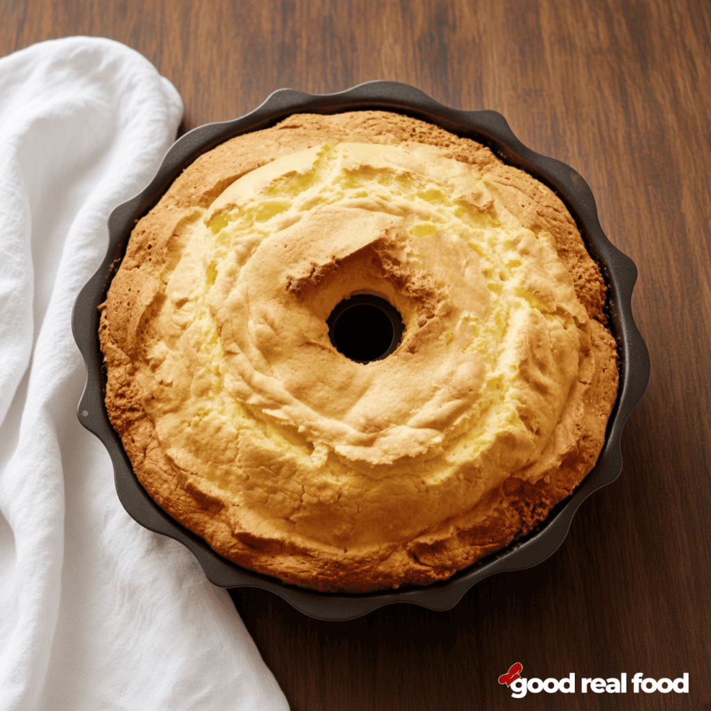 Classic cream cheese pound cake in a bunt cake pan on a wood counter next to a white cloth