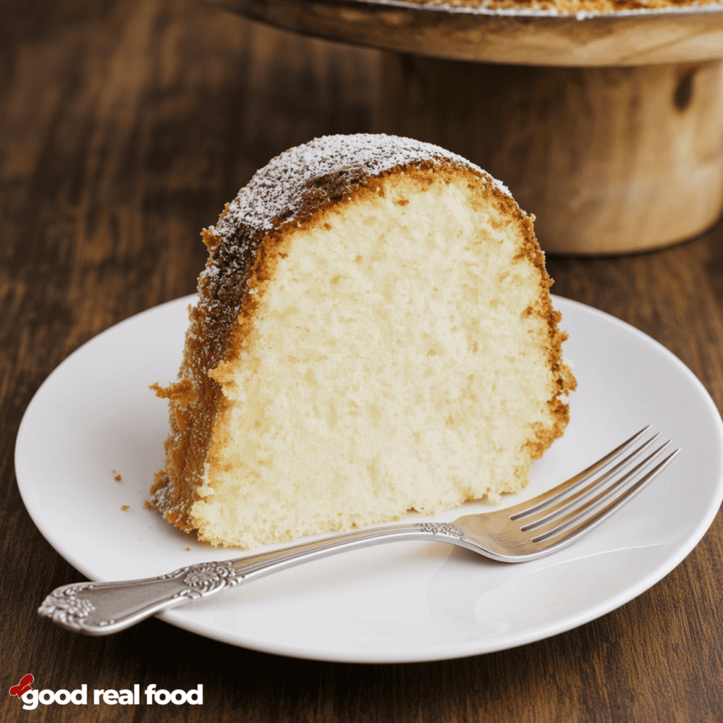 A slice of classic cream cheese pound cake on a white plate with a fork on a wood counter