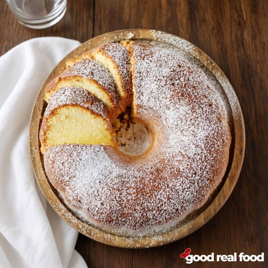 Sliced cream cheese pound cake dusted with confectioners' sugar on a wood cake stand on a wood counter