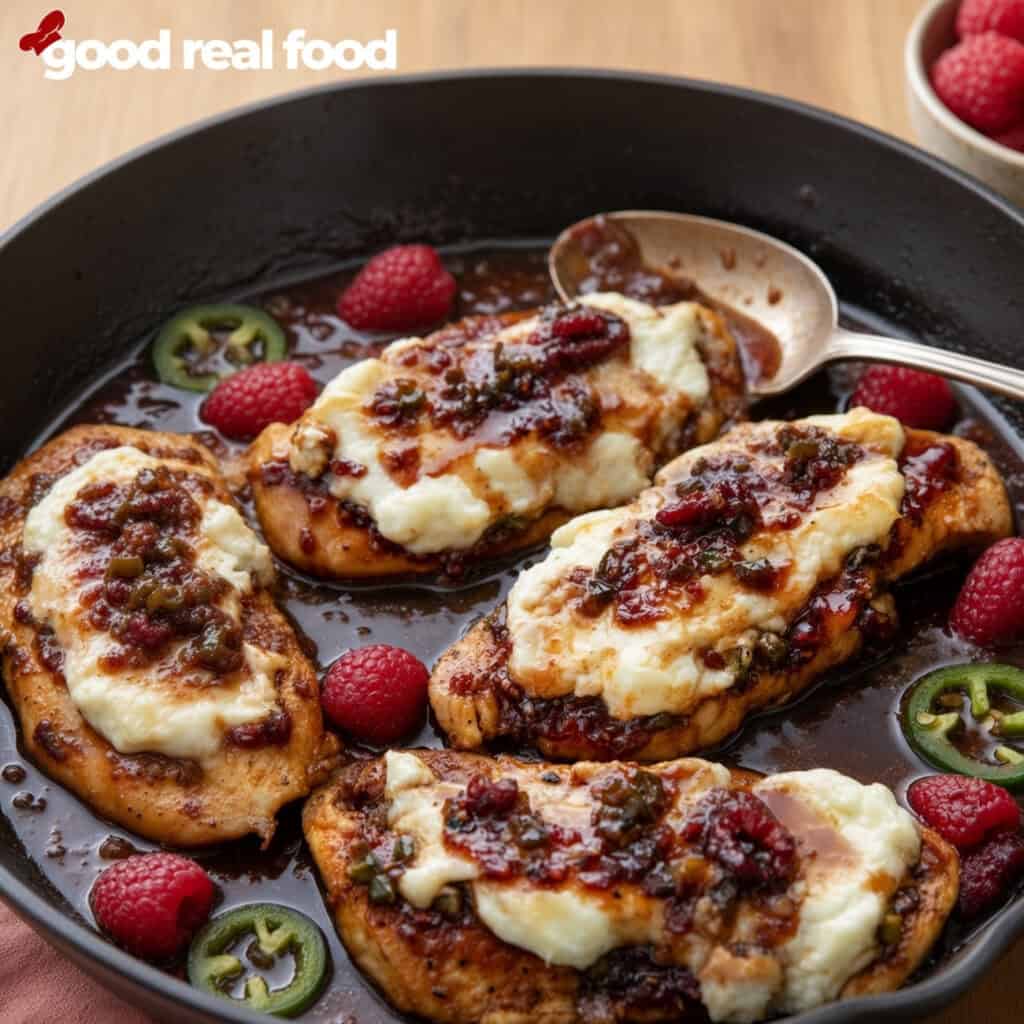 a close up of raspberry jalapeno cream cheese chicken on a pan with a spoon a close up of raspberry jalapeno cream cheese chicken on a pan with a spoon