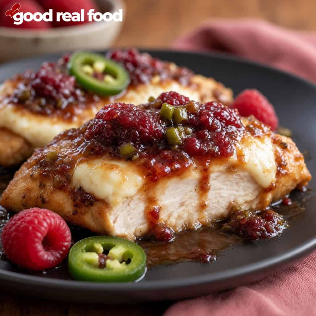 raspberry jalapeno cream cheese chicken on a plate a close up of a plate of raspberry jalapeno cream cheese chicken on a black plate