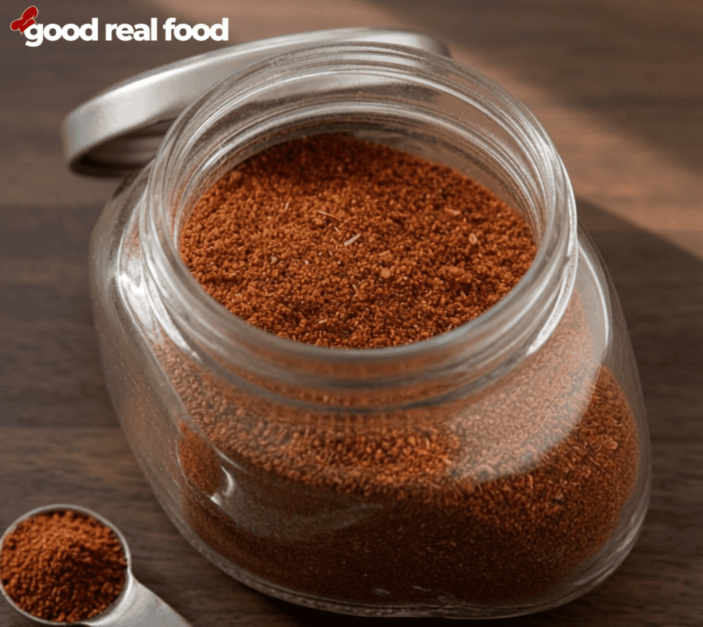 Jar of Taco Seasoning on a counter a jar of taco seasoning from the side next to a scoop of seasoning on a dark wood counter