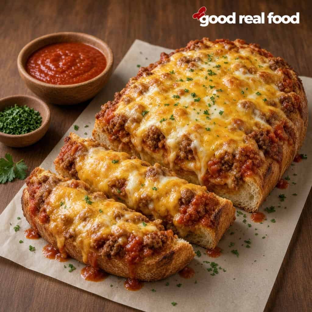 cheesy Lasagna Garlic bread sliced on a piece of parchment next to bowls of garnish one half of cheesy Lasagna Garlic bread sliced on a piece of parchment paper next to a bowl of parsley and a bowl of marinara