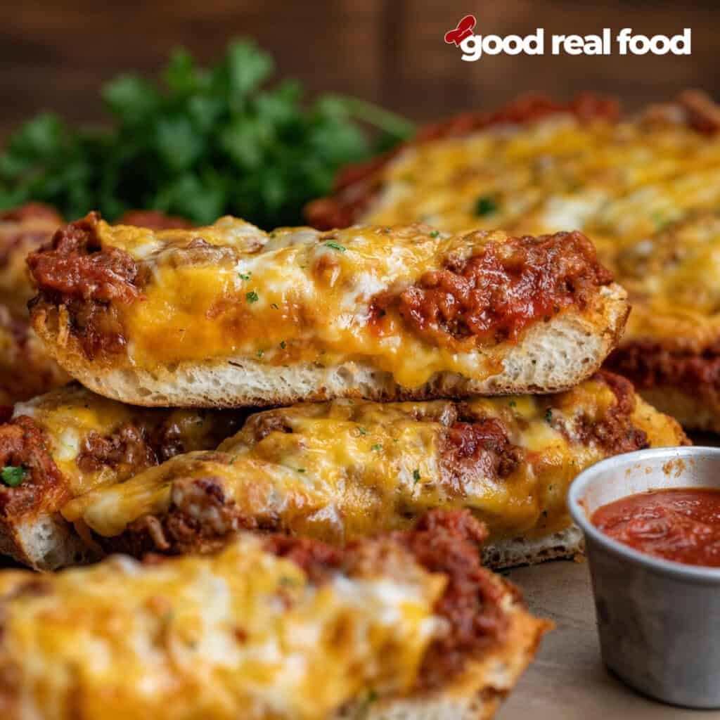 close up of cheesy Lasagna Garlic bread stacked a close up of Cheesy Lasagna Garlic Bread slices stacked up with a small cup of marinara